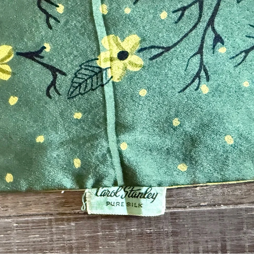 Vintage Carol Stanley Silk Scarf | 40x12 | Yellow & Green Floral Print